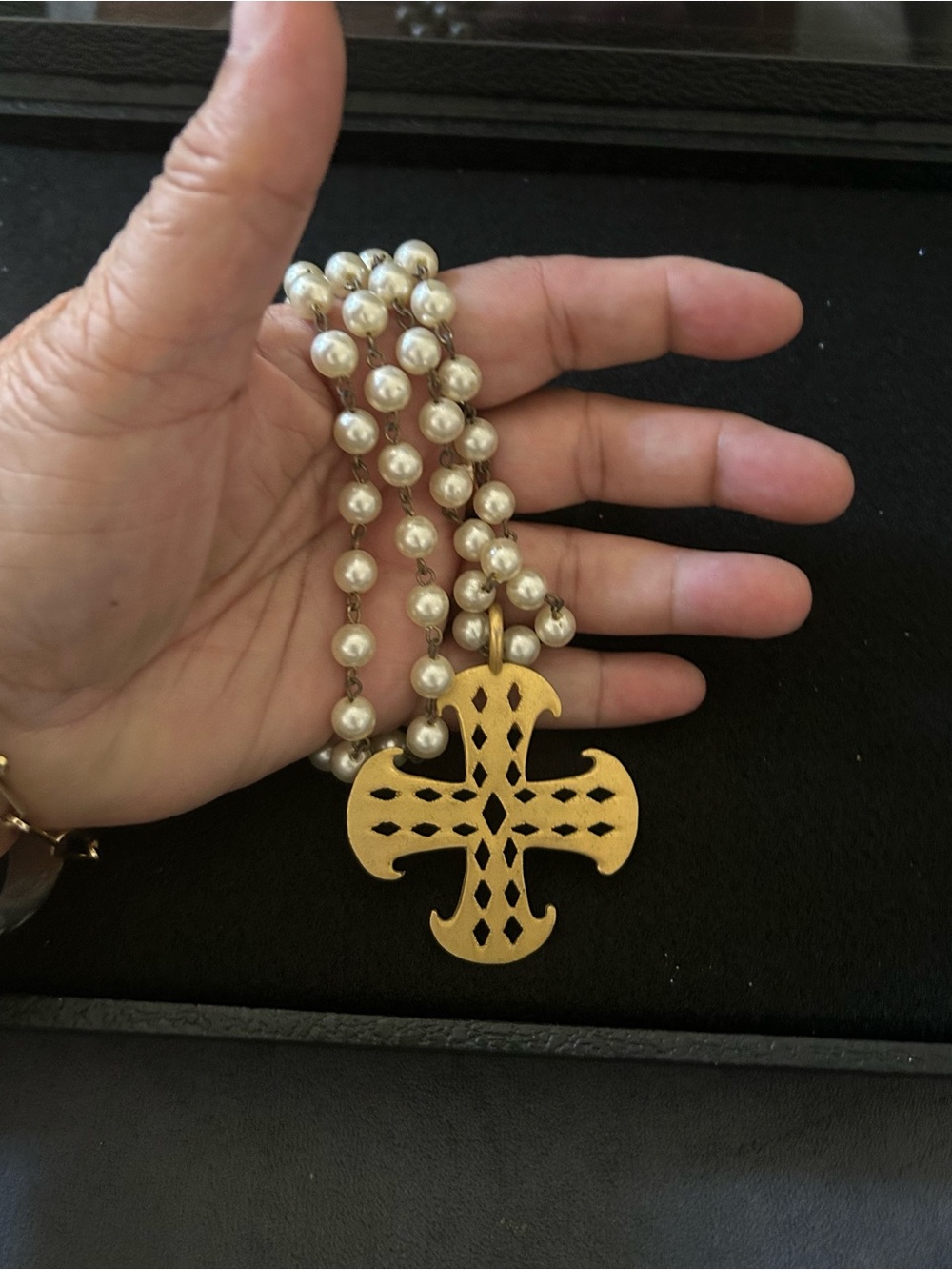 Long Gold Cross Pendant with Faux Pearl Necklace - Unbranded